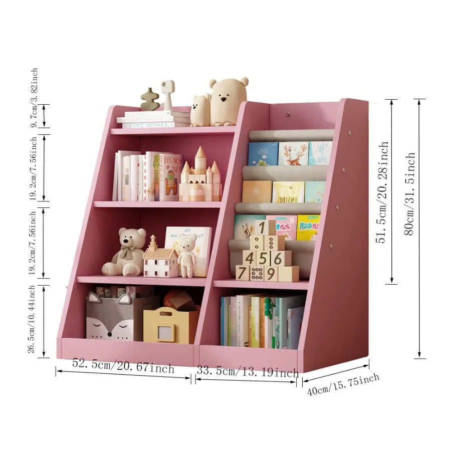 Pink Wooden Toy Storage Organizer Cabinet Bookshelf Bookcase Toddler Baby Sling Book Rack Adjustable Shelf for Playroom Bedroom