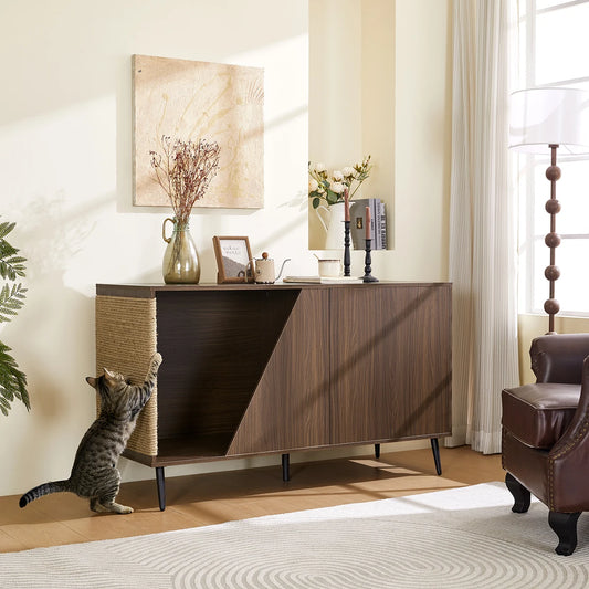 Wooden Cat House with Scratch Pad Large Cat Litter Box Enclosure Cabinet Hidden Cat Villa Washroom Furniture for Living Room