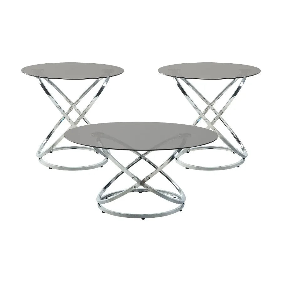 3piece Occasional Table Set Chrome Finish Metal Cocktail Table End Tables Tempered Glass Top