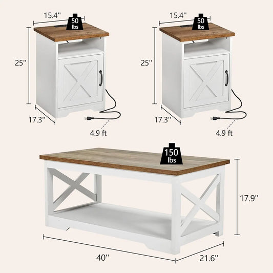 3-Piece Farmhouse Living Room Table Sets, Includes 1 x Coffee Table, 2 x End Tables with Charging Station & USB, Customized