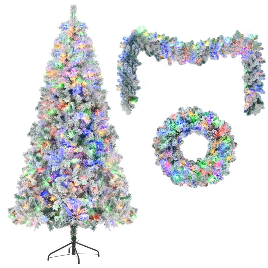 6FT Snow Flocked Christmas Tree PreLit Set with Tree Garland Wreath
