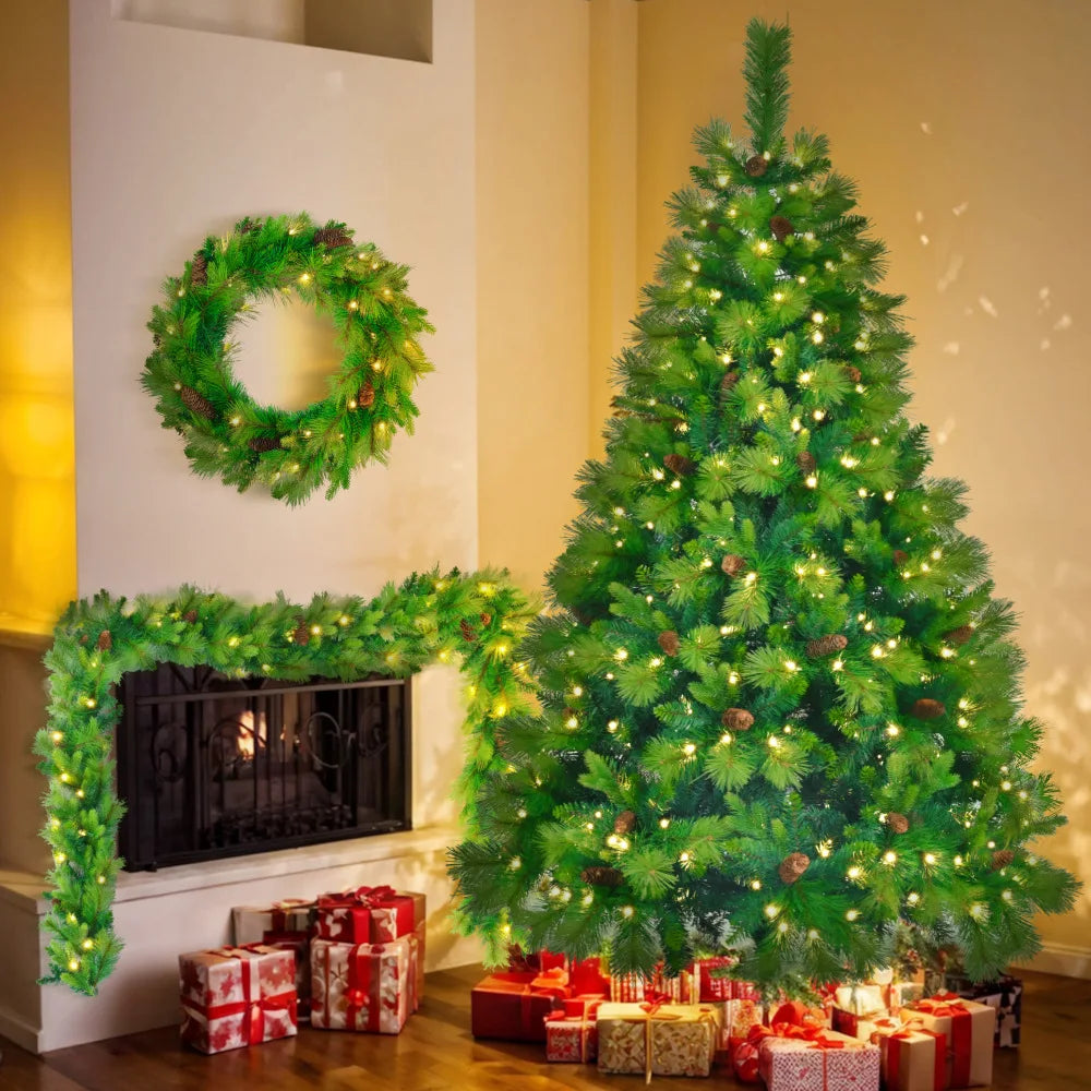 6FT Grass Green Pine Christmas Tree, Pre-Lit with Garland & Wreath,