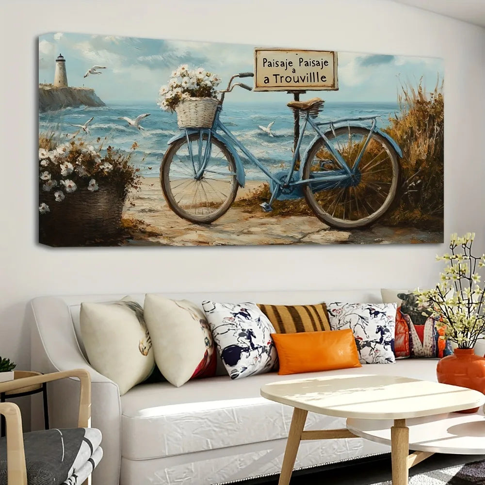 1.5 inch thick pine solid wood frame, white lighthouse, beach, waves, ocean, seascape, nature landscape hanging picture