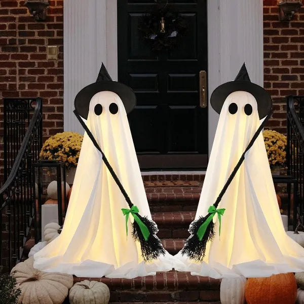 Spooky Ghost Halloween Decor with Witch Broom, Scary Ghosts Decor with LED Lights