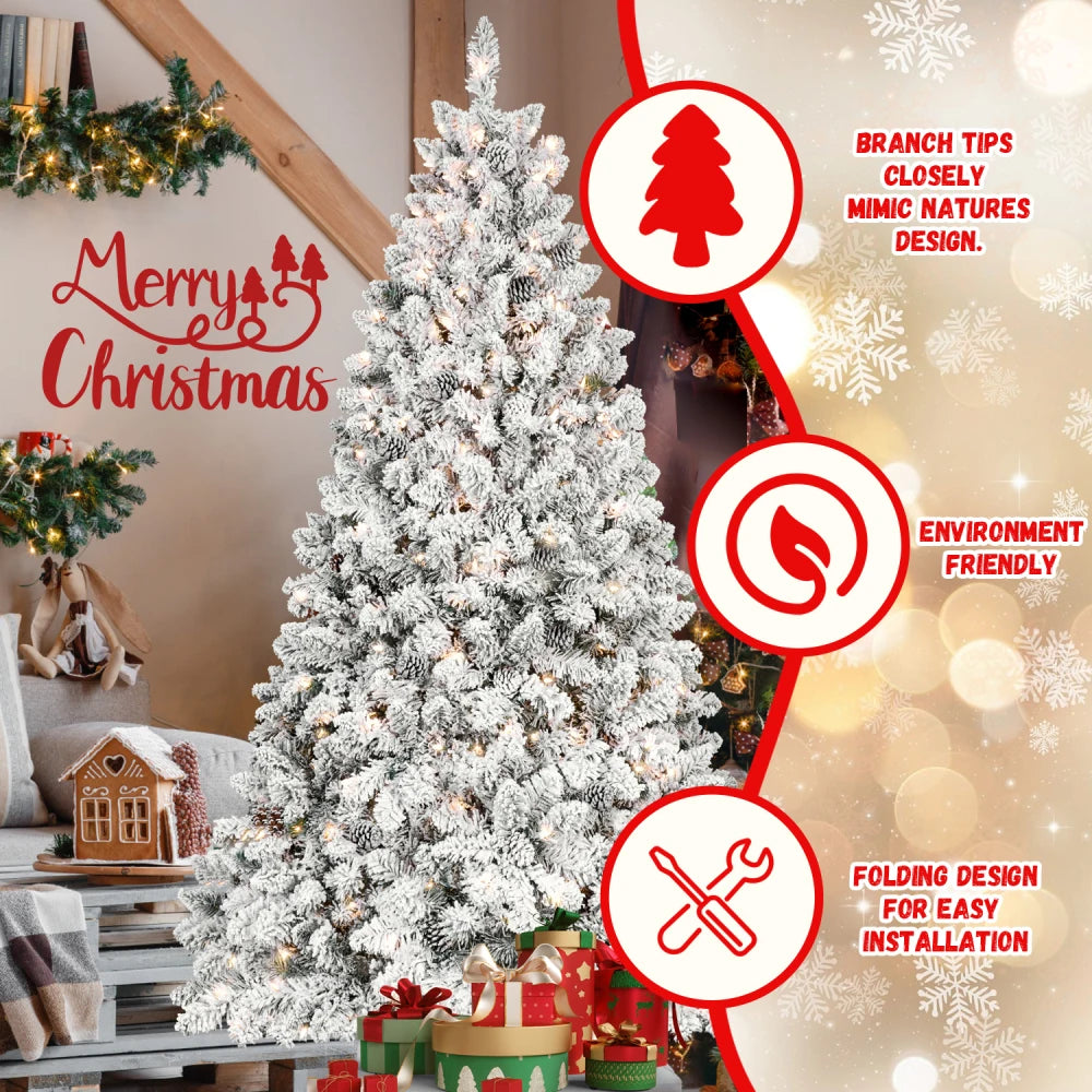 6FT Snow-Flocked Artificial Christmas Tree with Pine Cones, Prelit Xmas Trees, Hinged Easy Assembly