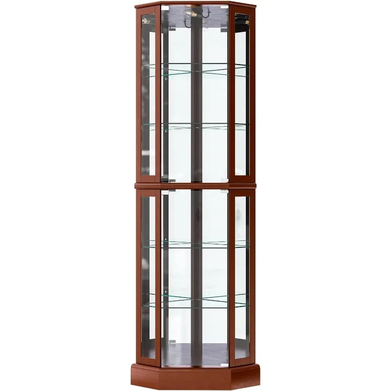 Lighted Corner Display Curio Cabinet,72" Tall Wooden Curved Shelving Unit with Tempered Glass Door, Bar and Liquor Storage Area