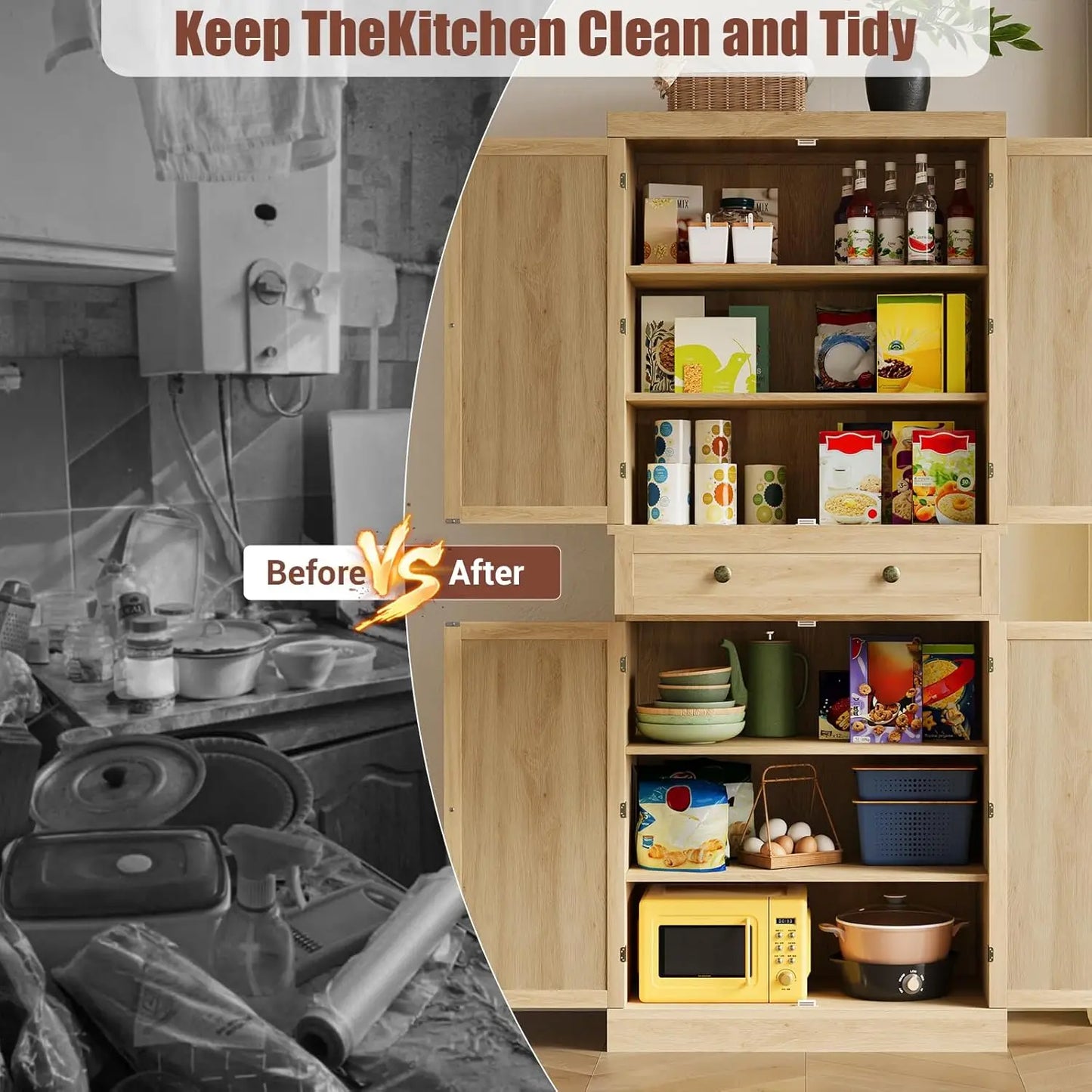 Kitchen Pantry Cabinet 72" Tall Storage Pantries with 4 Doors and Adjustable Shelves,Farmhouse Cabinet with 1 Drawer