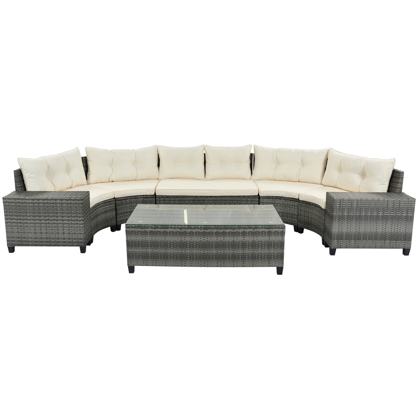 8-pieces Outdoor Wicker Round Sofa Set, With Rectangular Coffee Table