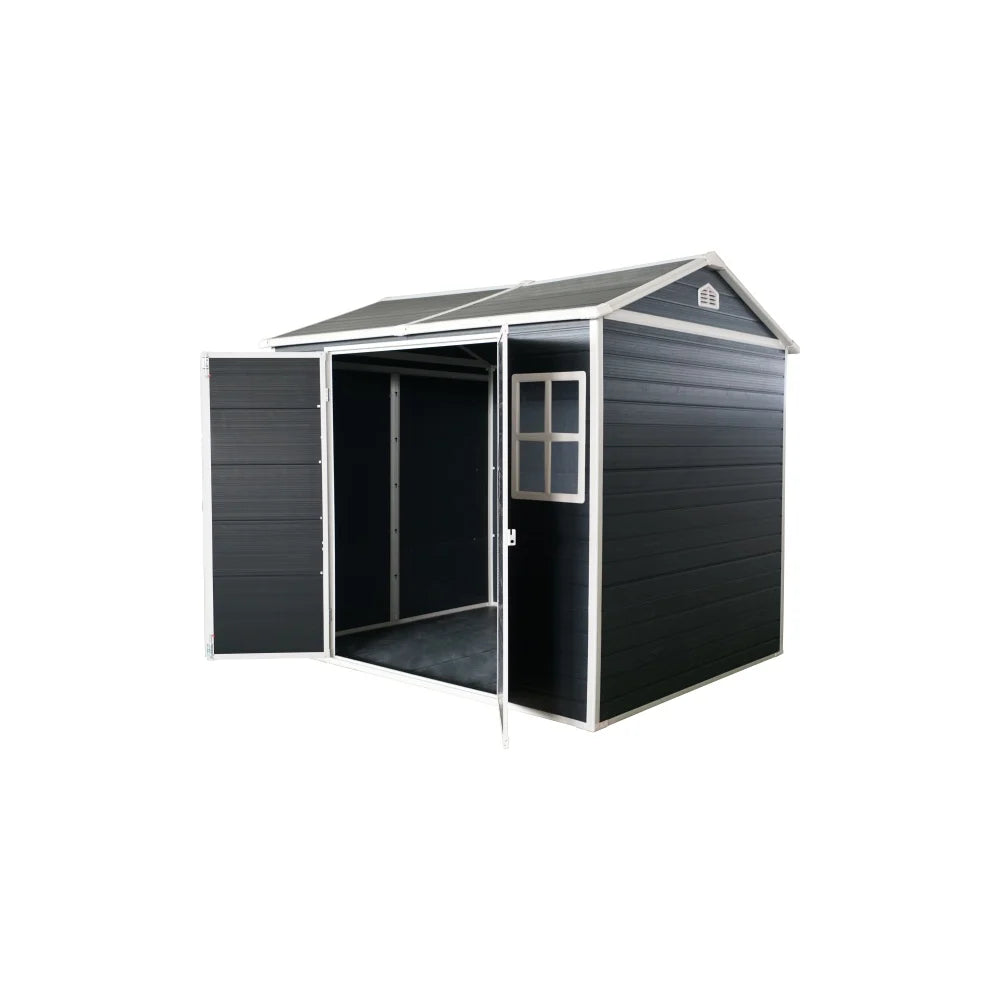 8x6ft Outdoor Resin Garden Shed with Floor and 2 Windows, Plastic Patio Outdoor Storage Shed with Lockable Door for Garden Tools