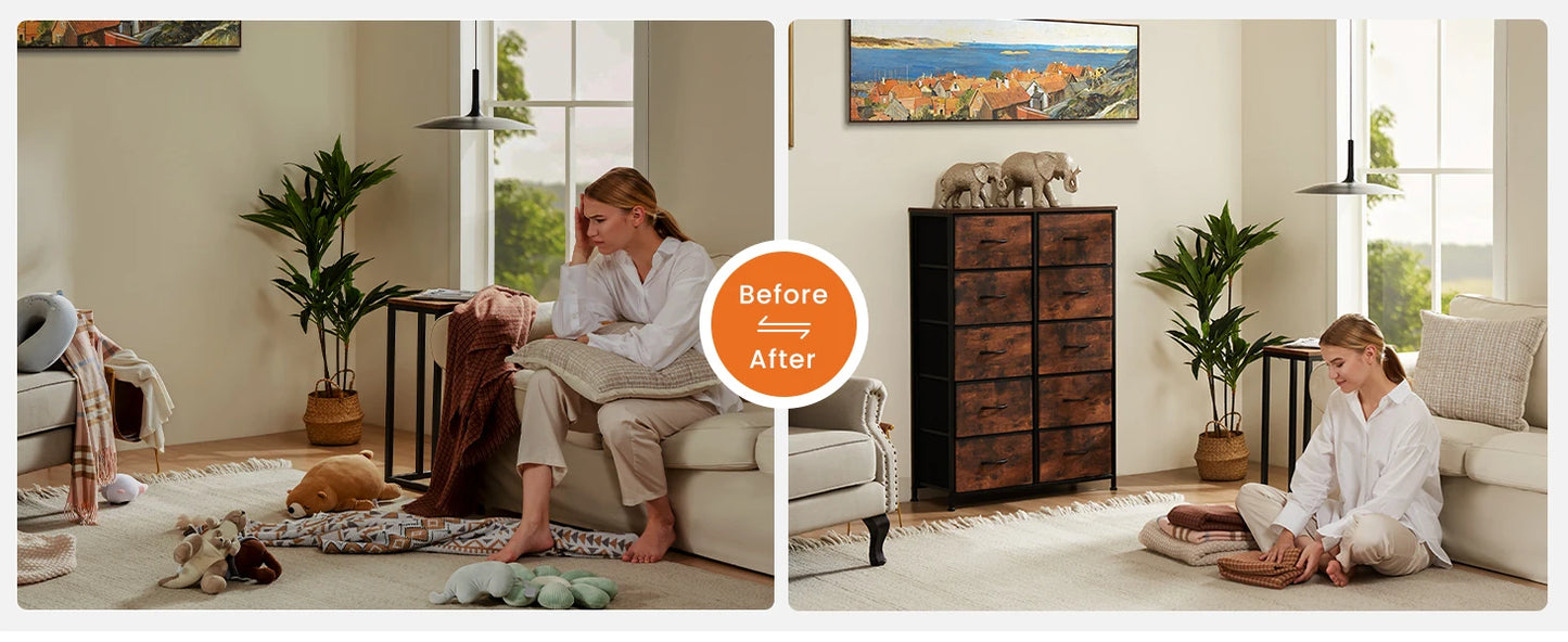 JHK Bedside Table For Bedroom With 10 Fabric Drawers Wardrobe Steel Frame Closet