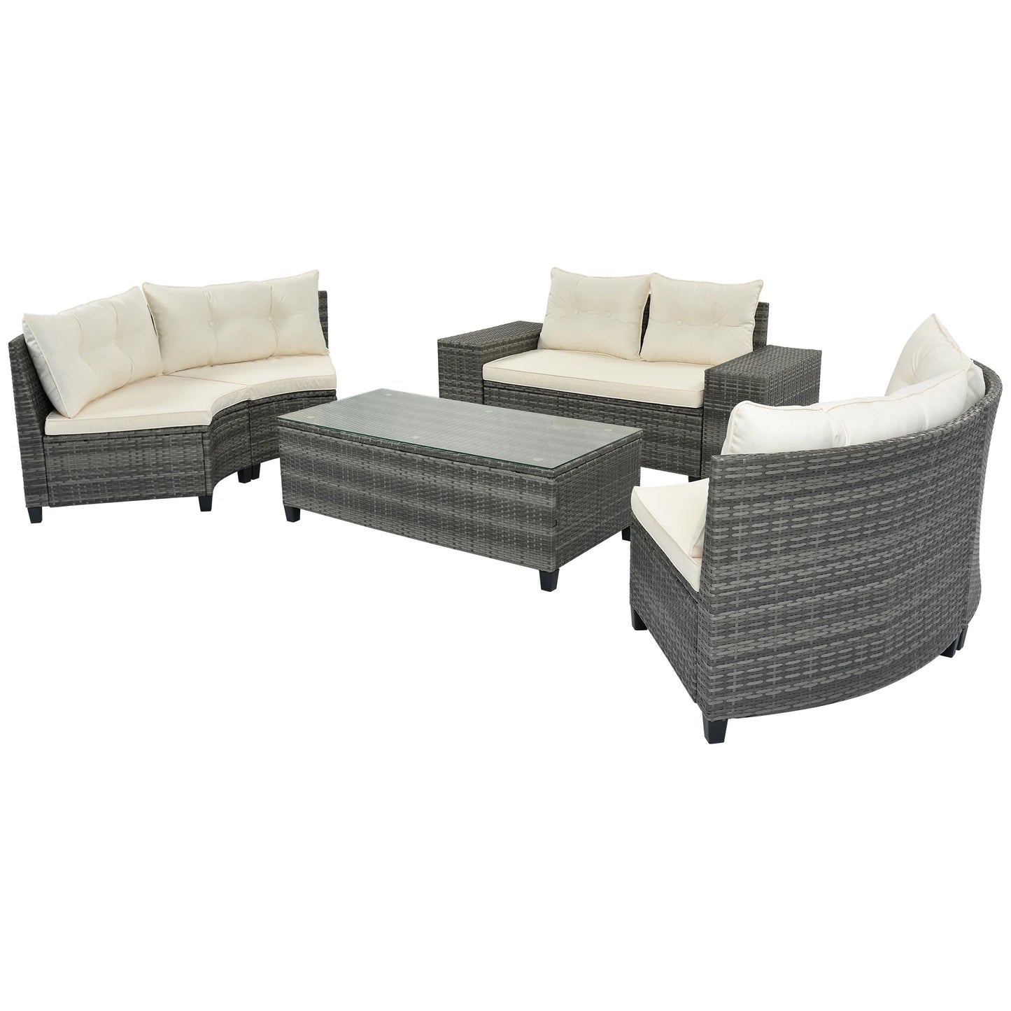 8-pieces Outdoor Wicker Round Sofa Set, With Rectangular Coffee Table