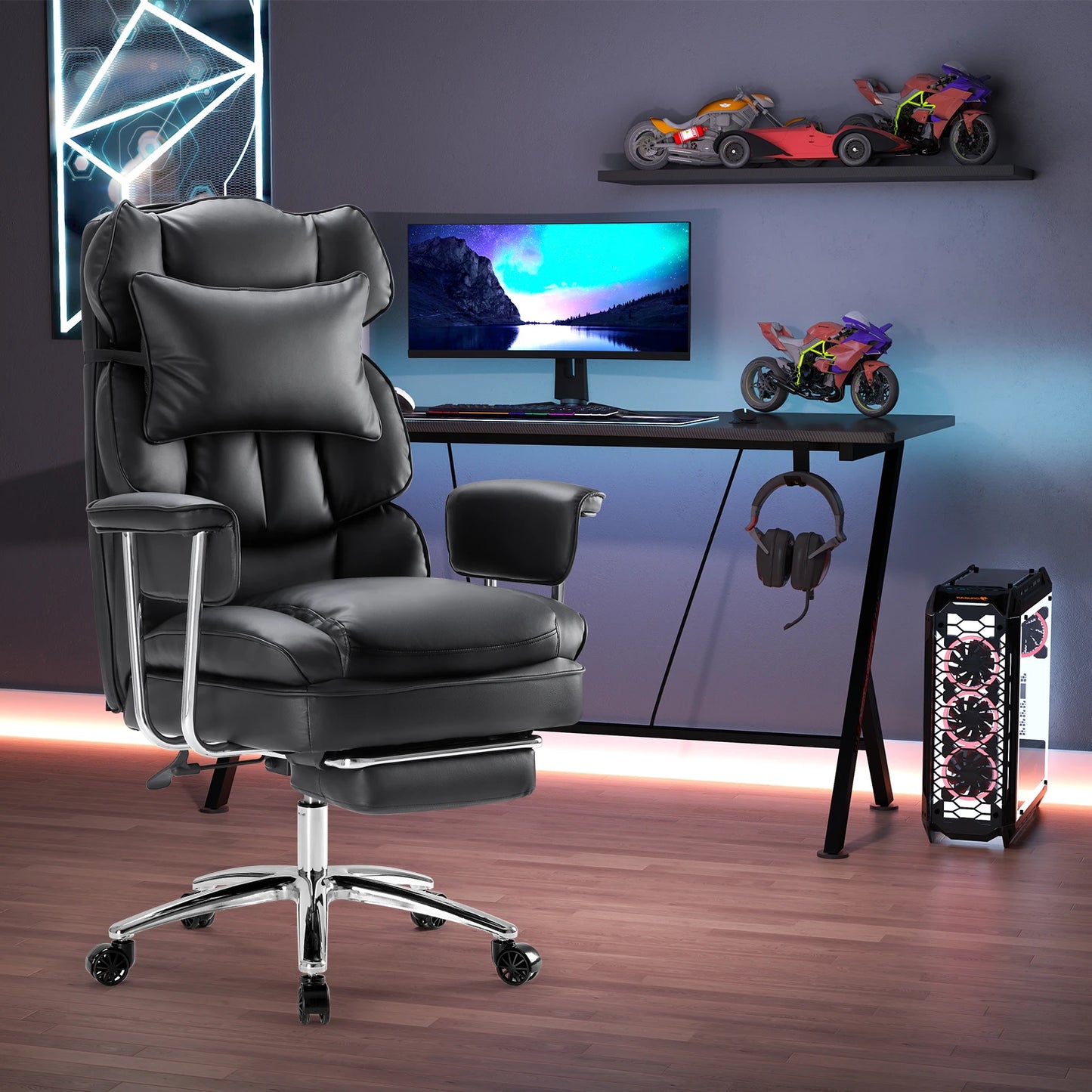 Leather Ergonomic Computer Desk Chair High Back with Footrest Lumbar Support Height Adjustable For Home Office