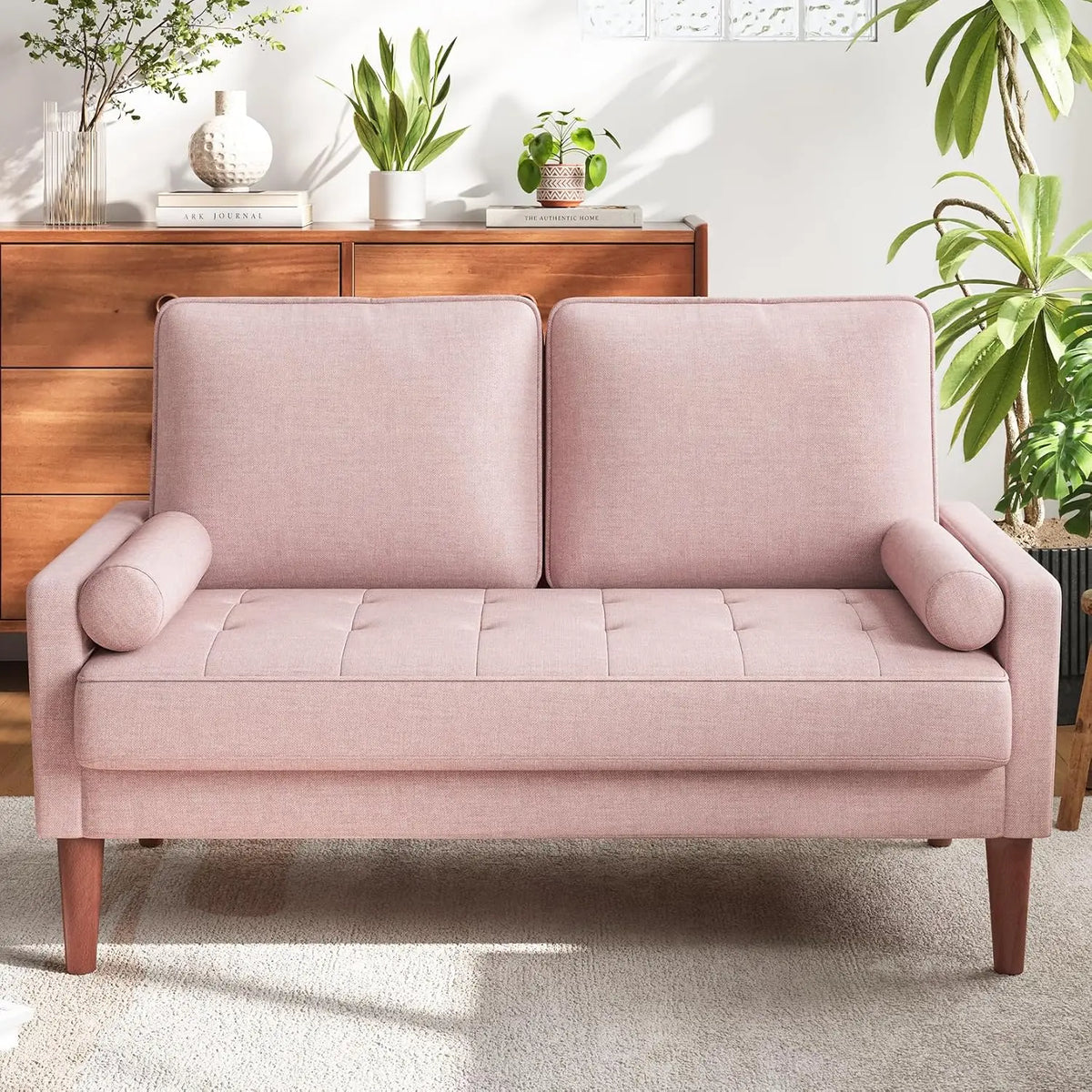 Loveseat Sofa - Solid Wood Legs Mid Century Modern Couch Throw Pillow
