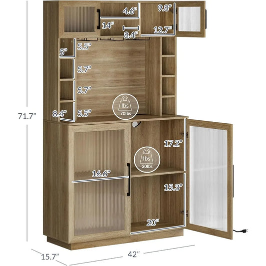 Coffee Wine Bar Cabinet with Power Outlet, 72" Rustic Liquor Cabinet, with Storage Kitchen Pantry Cupboard,Fluted Buffet Cabinet