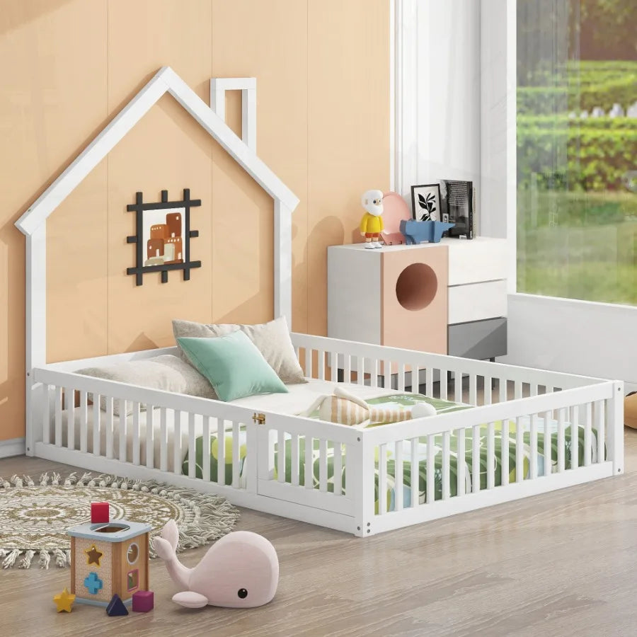 Wood Full Size House Platform Bed with Guardrail