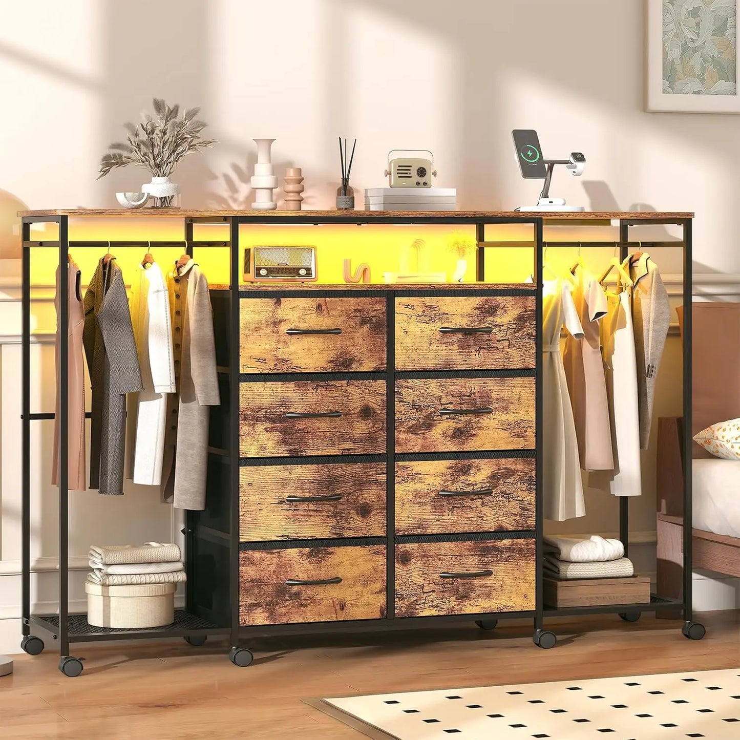 Dresser for Bedroom with Hanging Rack, 8 Drawer Dresser with LED Lights & Charging Station, Fabric Dressers Customized
