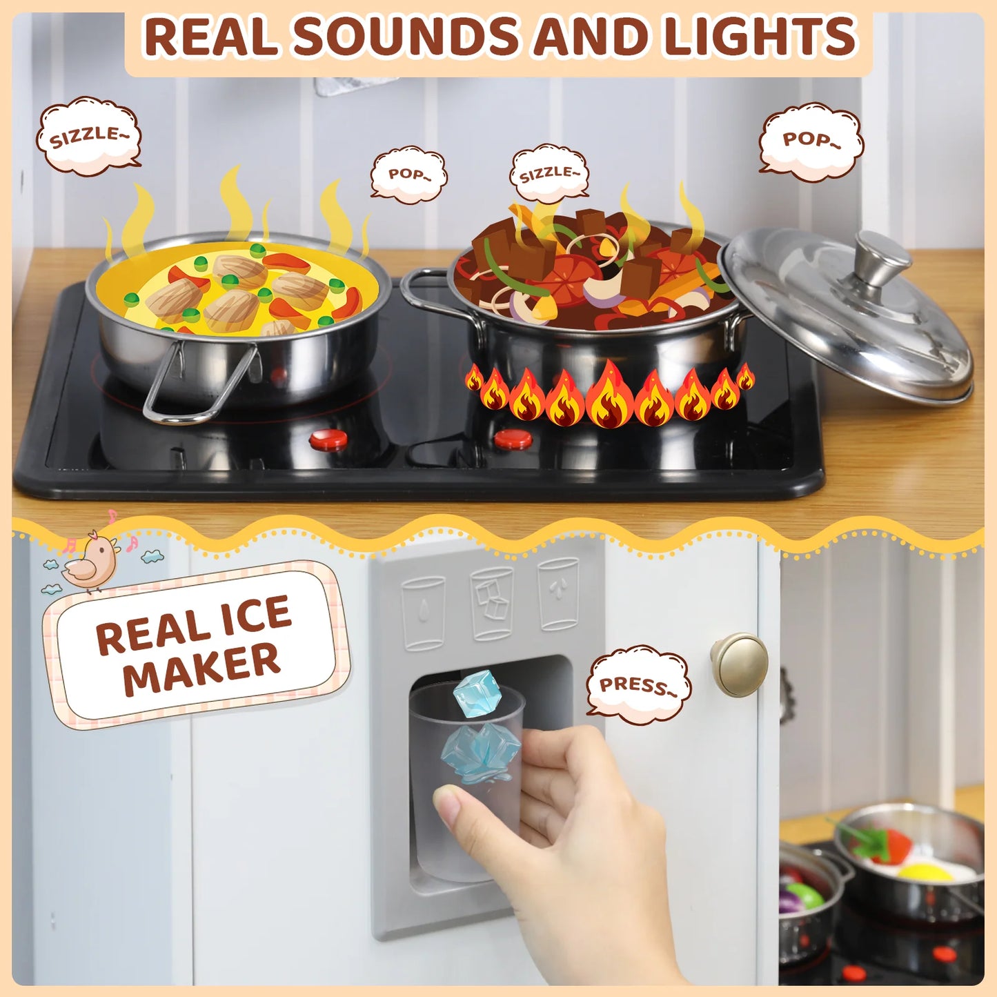 Play Kitchen for Kids, Cooking Playset w/Realistic Light & Sound