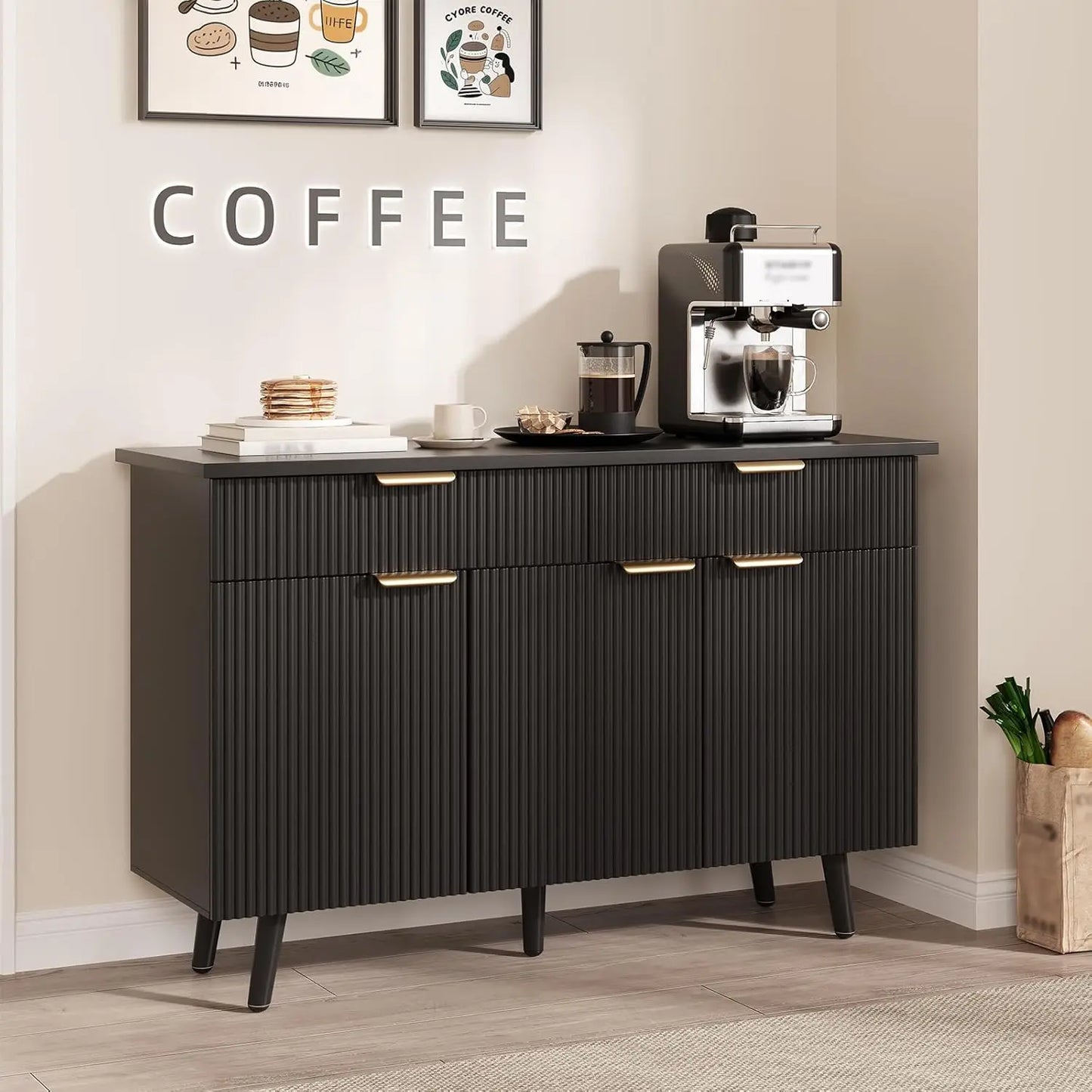 Modern Farmhouse Buffet Cabinet with Fluted Design Kitchen Storage Sideboard & Coffee Bar Cabinet for Living Room Hallway