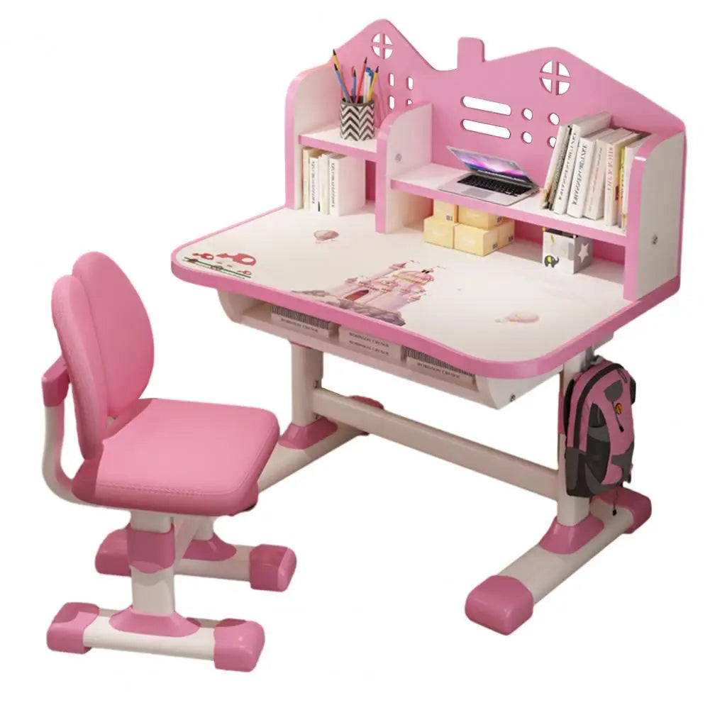 Multi Bookstand Widened Desktop Desk Chair Set Cartoon Pattern Kids Adjustable Height Study Drawer Table with Chair Set