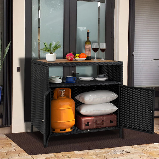 Weatherproof Outdoor Wicker Bar Table Storage Cabinet w/Double Doors & Shelves, Rattan Patio Buffet Console for Garden Poolside