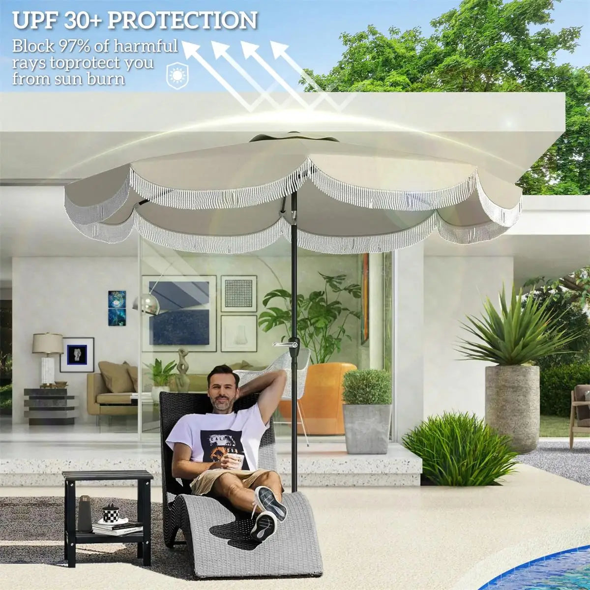 8.8FT Light Gray Patio Umbrella - UPF 30+ Outdoor Market Umbrella with 8 Ribs & Push Button Tilt