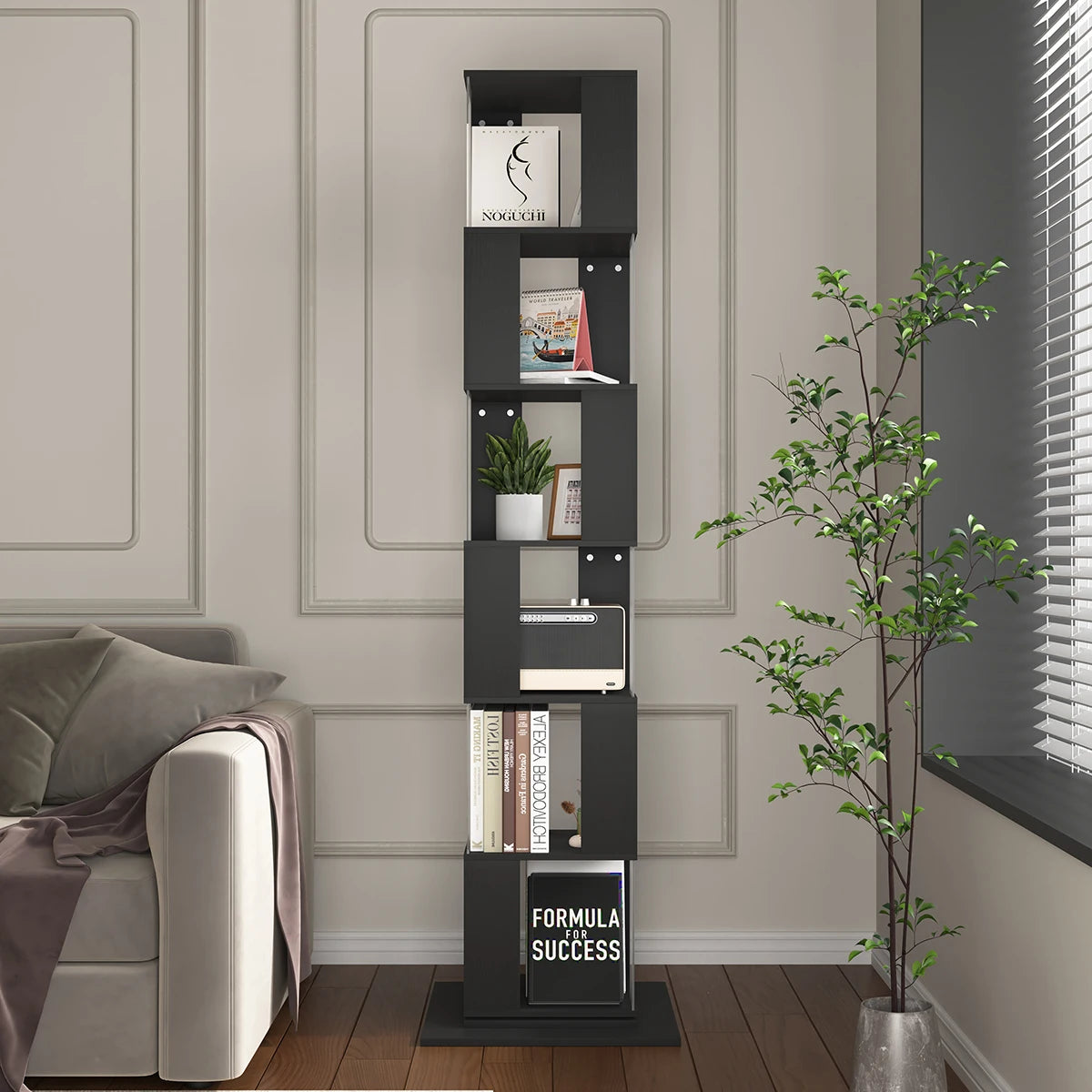 Bookshelf Tower, Floor Standing Wood Narrow Organizer