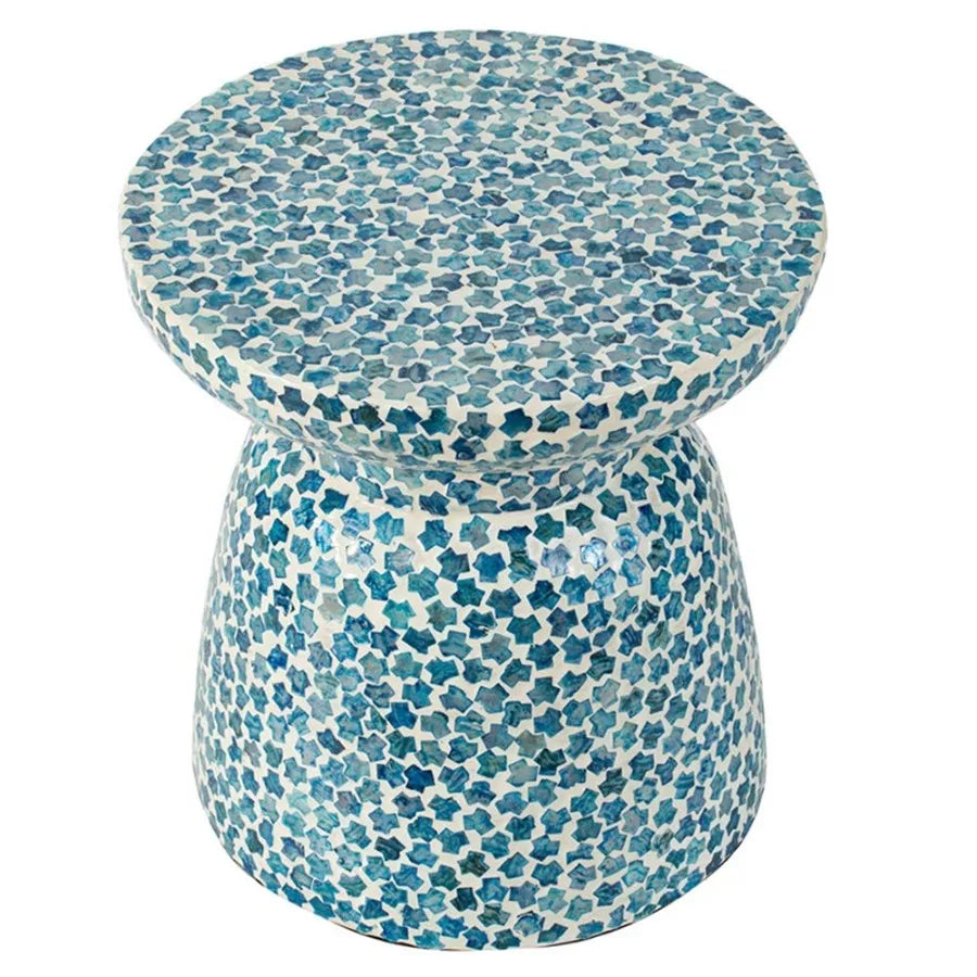 D15x16 Capiz Garden Stool Small Side Tabel Blue Accent Round End Table