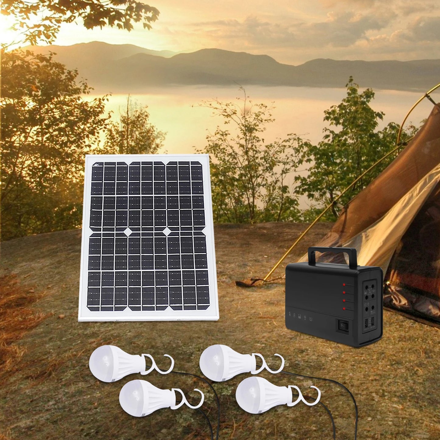 Portable Solar Generator with Solar Panel & LED Bulb Kit for Emergency Backup Power USB DC Outlets For Outdoors Camping Travel