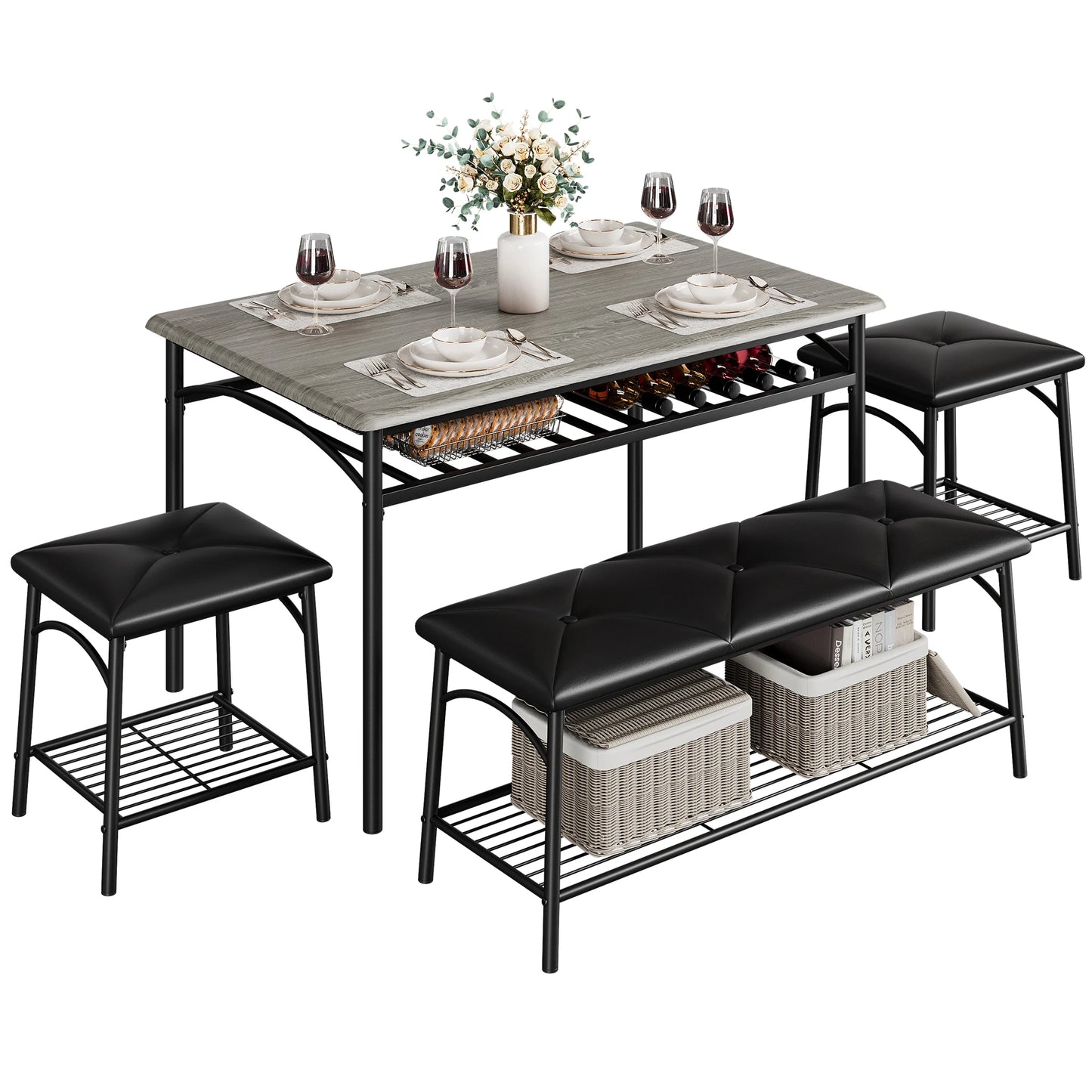 Dining Table Set for 4, Kitchen Table Set with Upholstered Bench and Square Stools, Metal and Wood Dining Room Table Set