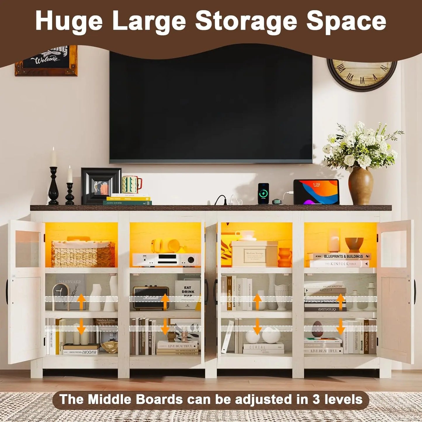LED Farmhouse TV Stand for 80/75/70 Inch TVs with Power Outlets, Tall Entertainment Center Storage