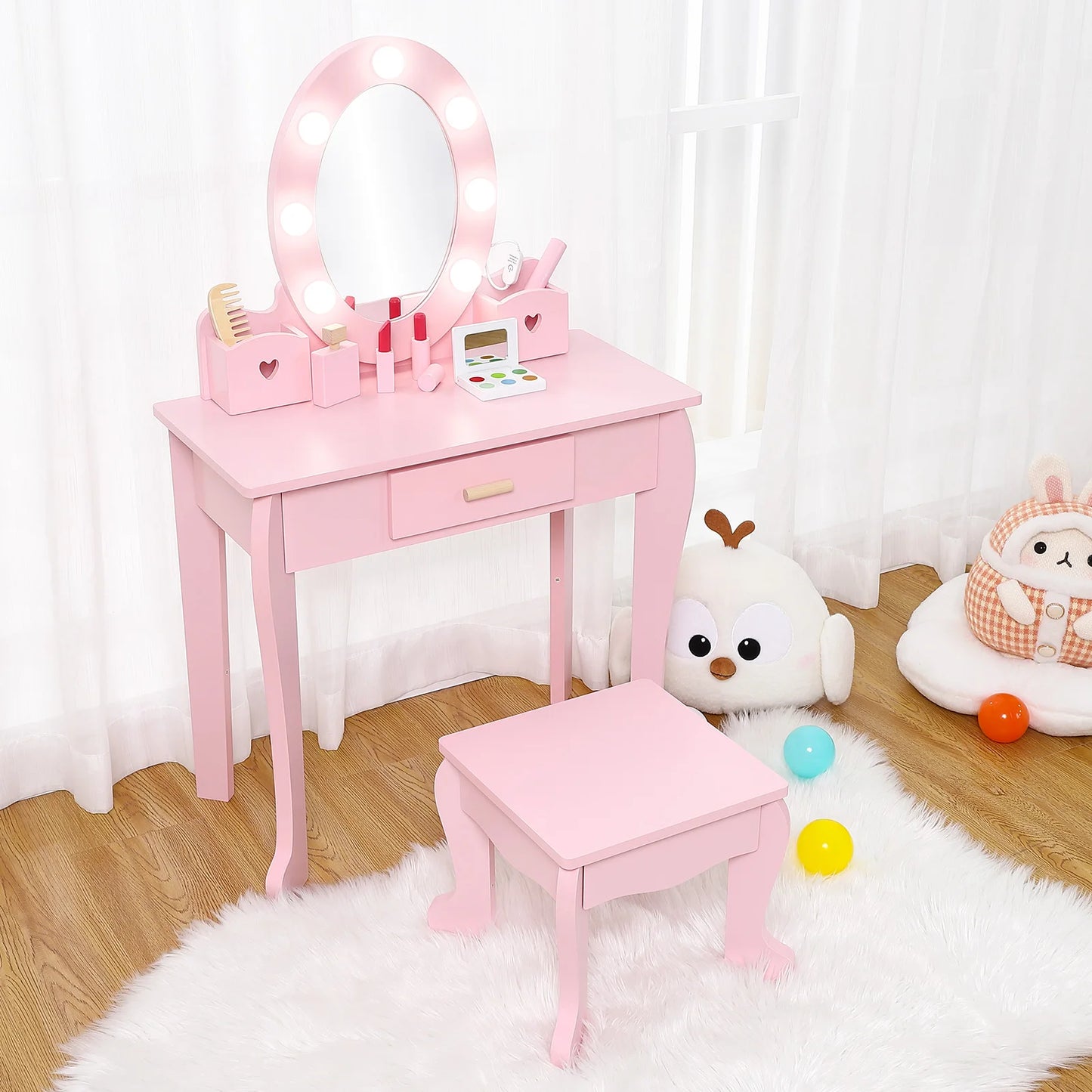 Girls' Vanity Table and Chair Set, Kids Makeup Dressing Table