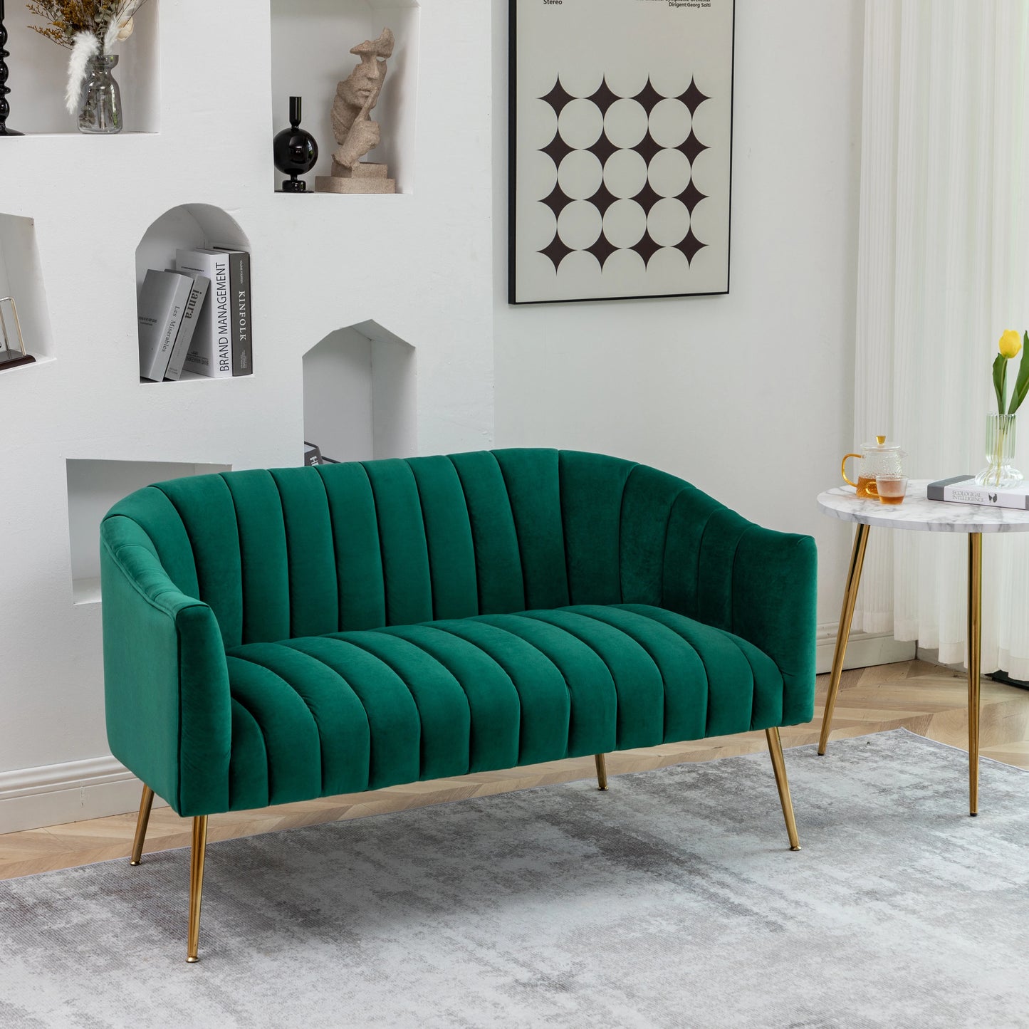 Modern Glam Comfy 50" Metal Legs Curved Sofa 2 Seaters Loveseat with Tufted Back, Mid Century Hall Velvet Sofa for Living Room