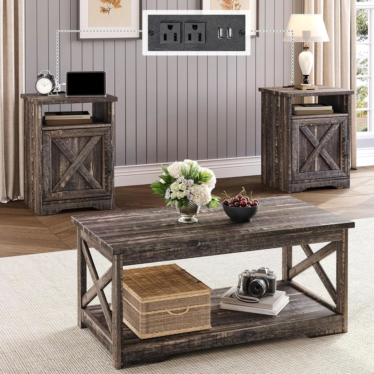 3-Piece Farmhouse Living Room Table Sets, Includes 1 x Coffee Table, 2 x End Tables with Charging Station & USB, Customized