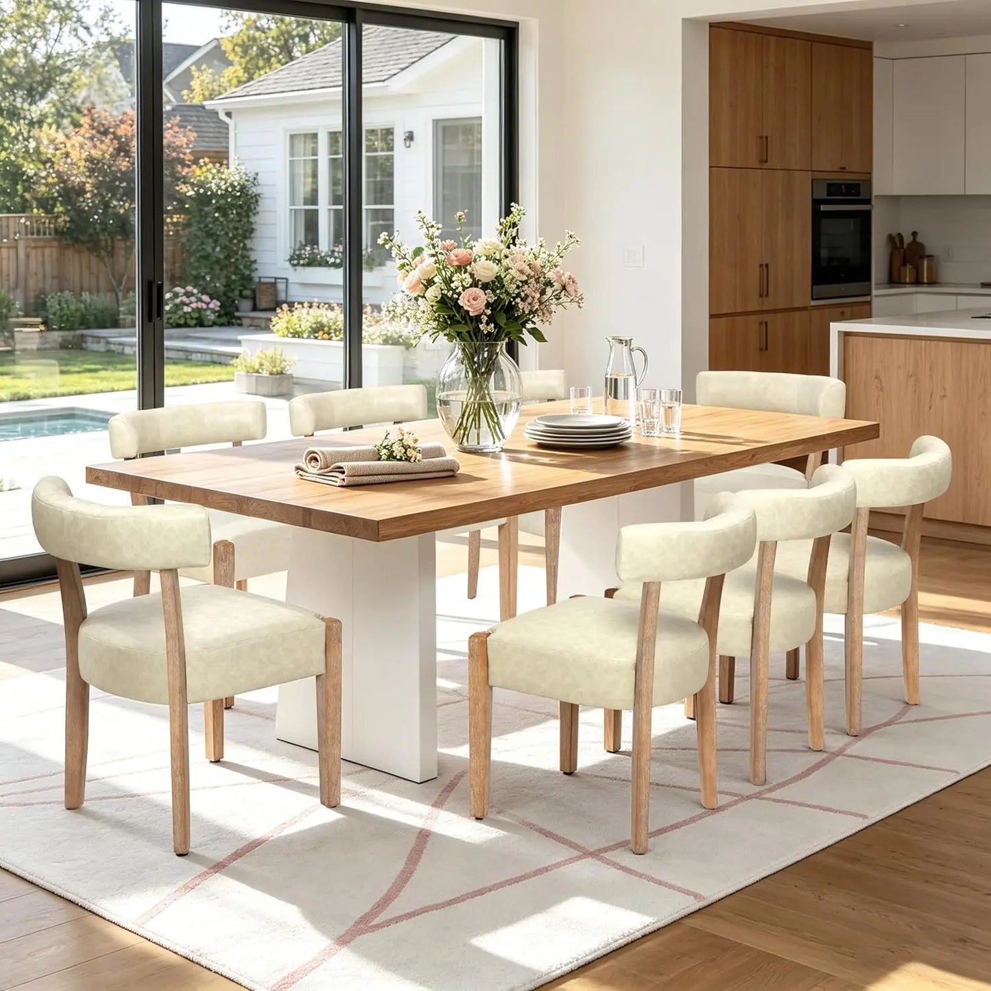 Modern Upholstered Dining Chairs Set of 8 – Mid-Century Walnut Wood Legs, Cushioned & Elegant