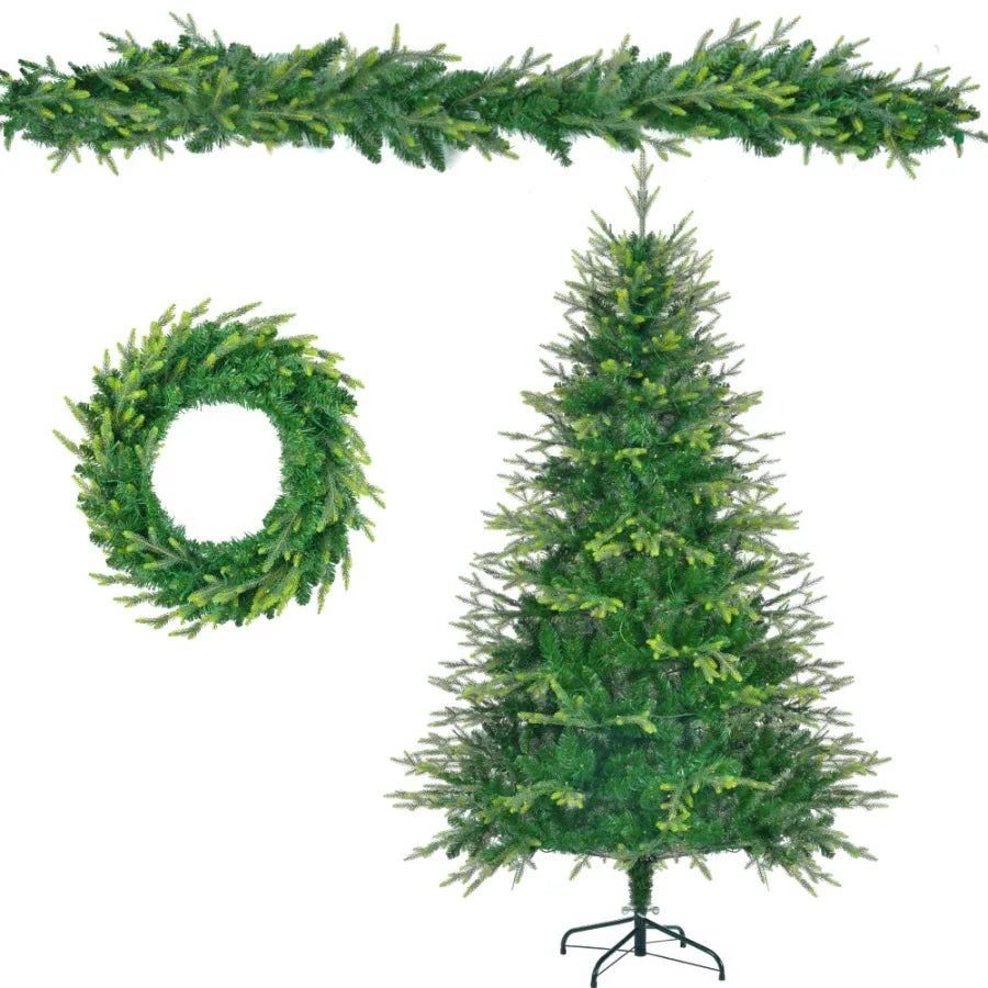 6FT PreLit Aspen Fir Artificial Christmas Tree with Wreath Garland Grass Green Xmas Tree with 380 MultiColor LED Lights 11 Ligh