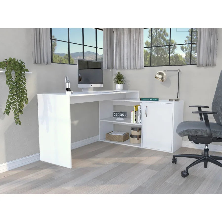 Axis Modern LShaped Computer Desk with Open Closed Storage White