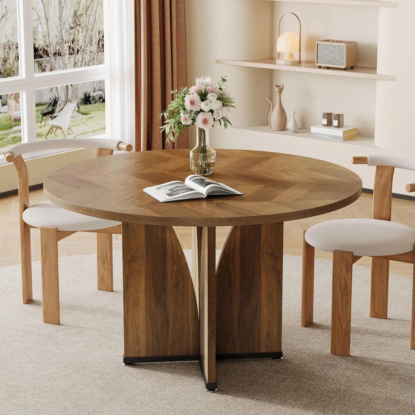 Round Dining Table for 4 People, Farmhouse Kitchen Dinner Table with Wooden Tabletop and Legs for Kitchen,Living Room