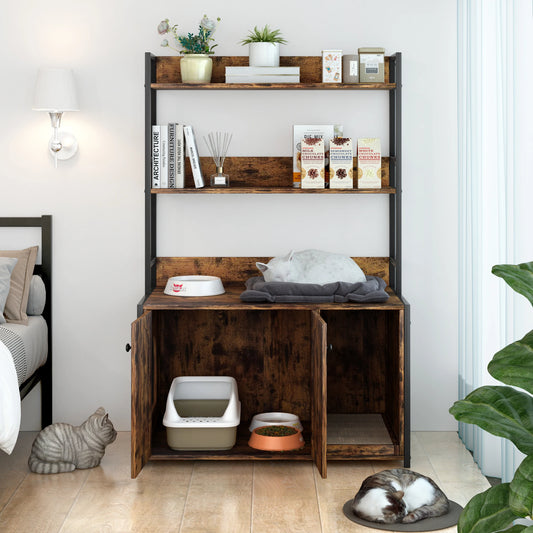 Wooden Hidden Cat Litter Box Enclosure Furniture with Shelves 2