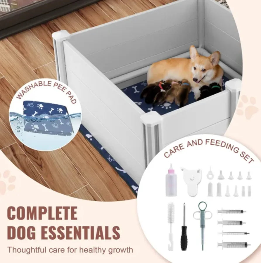 Dog Whelping Box 38.6x38.6x18.1in PVC with Rails Pee Pad for Dogs Puppies