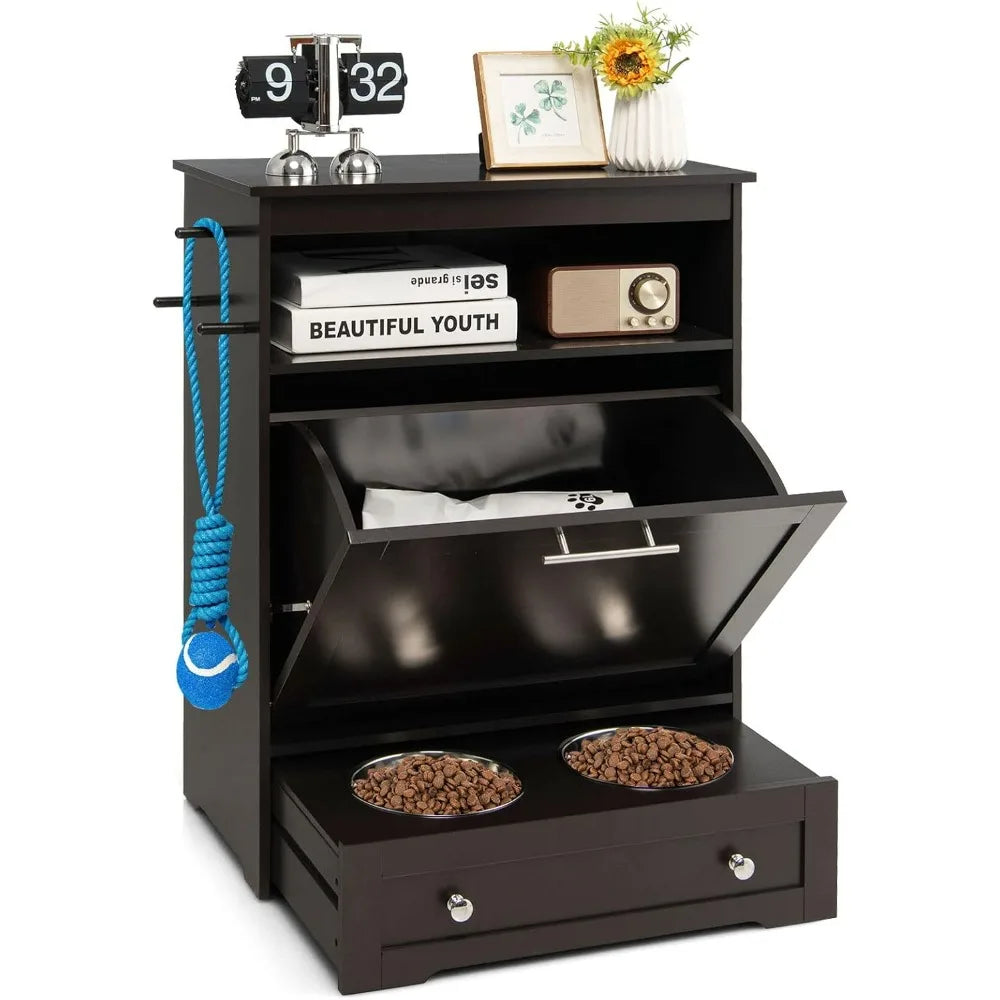 Pet Feeder Station, Dog Food Storage Container with Double Pull Out Dog Bowls, Pet Food Toy Cabinet, Pet Feeding Furniture