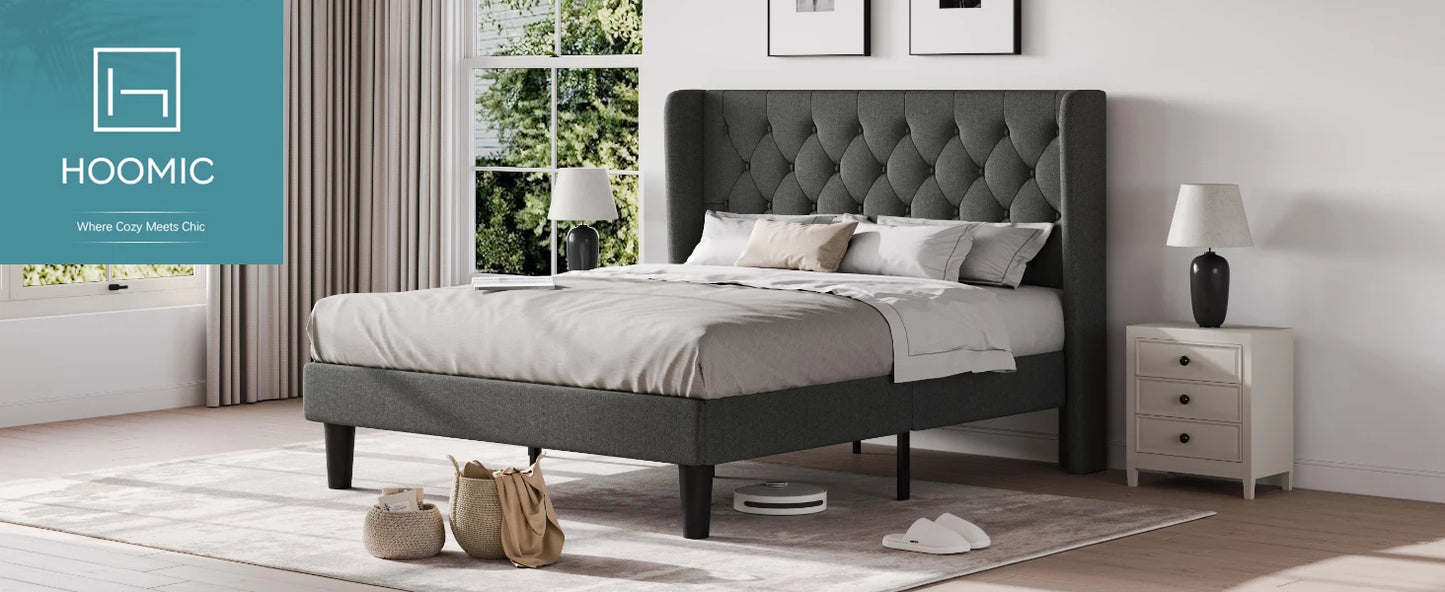 Classic Bed Frame with Button Tufted Wingback Headboard Platform Bed