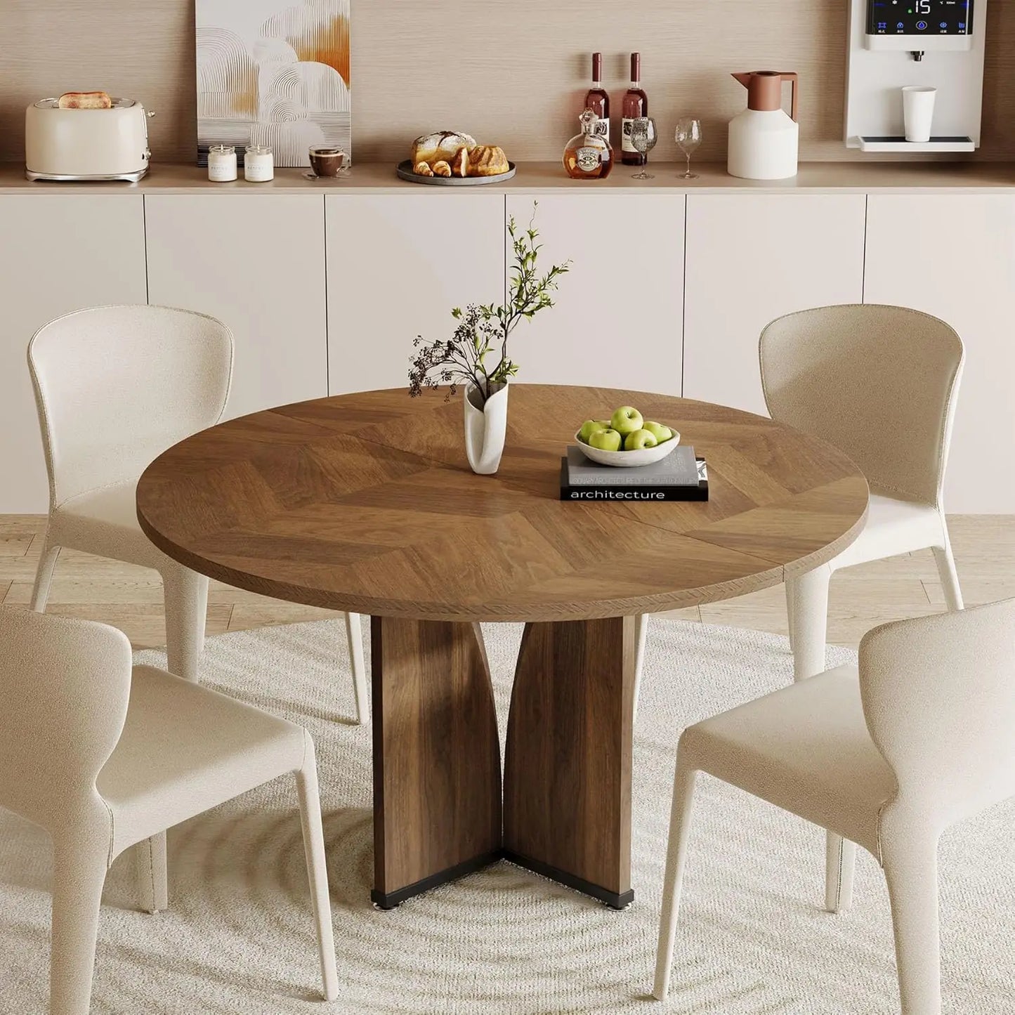Round Dining Table for 4 People, Farmhouse Kitchen Dinner Table with Wooden Tabletop and Legs for Kitchen,Living Room