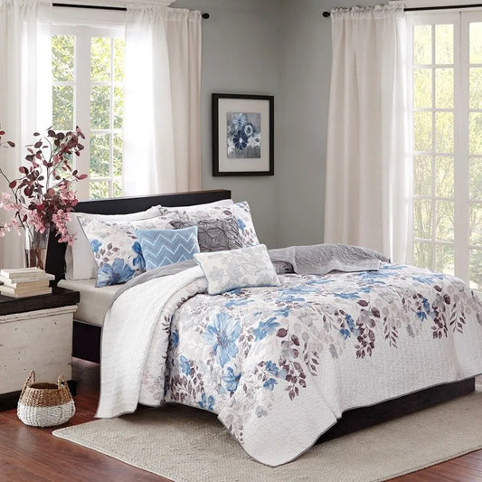 6 Piece Printed Quilt Set with Throw Pillows Blue Full Queen