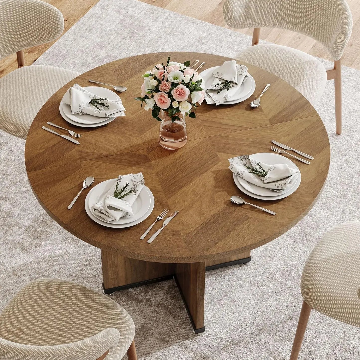 Round Dining Table for 4 People, Farmhouse Kitchen Dinner Table with Wooden Tabletop and Legs for Kitchen,Living Room