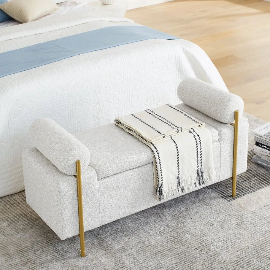 Elegant Upholstered Linen Storage Bench with Cylindrical Arms and Iron Legs for Hallway Living Room Bedroom White