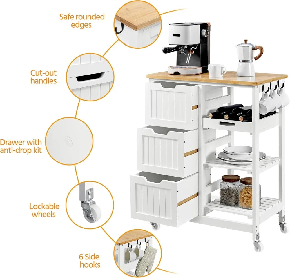 Kitchen Island Cart on Wheels, Rolling Storage Cart with Bamboo Countertop, 3 Drawers, 3 Removable Shelves & Lockable Casters