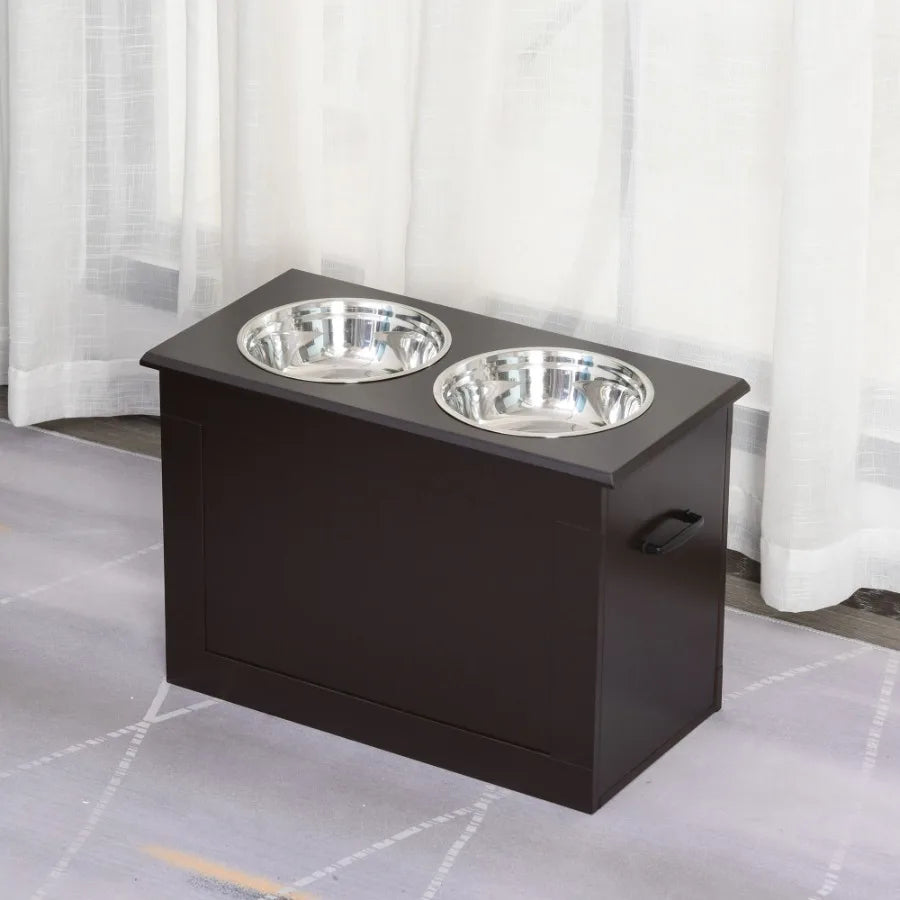 PawHut Raised Dog Feeding Station with 2 Stainless Steel Bowls Storage Large Pets Dark Brown