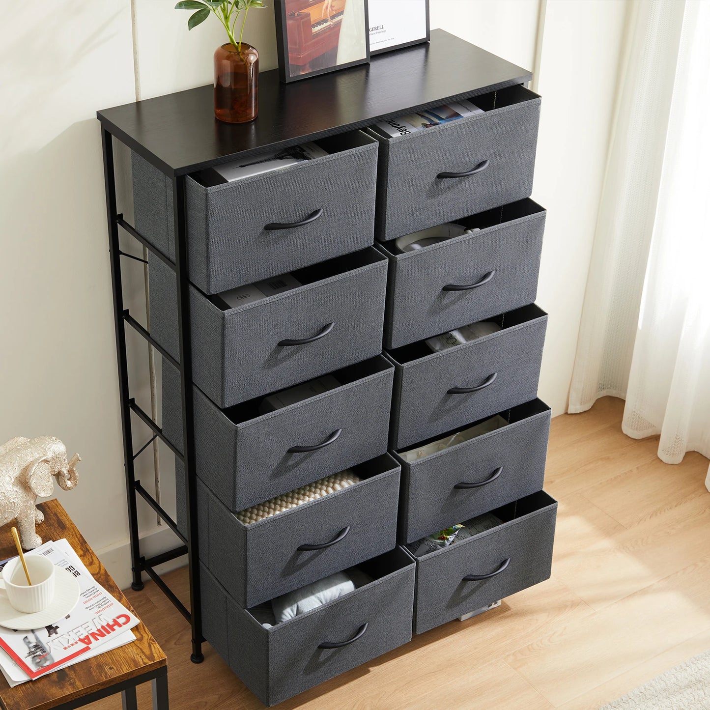 JHK 10 Fabric Drawers Nightstand Storage Cabinet With Steel Frame Clothes Storage