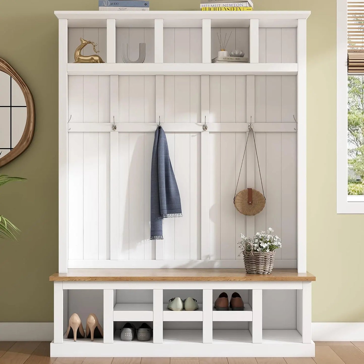Wood Farmhouse Hall Tree with Storage Entryway Bench,  Coat Racks