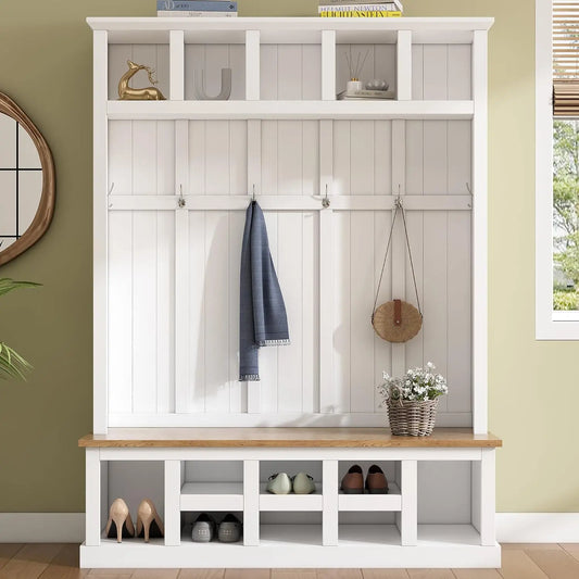 Wood Farmhouse Hall Tree with Storage Entryway Bench,  Coat Racks